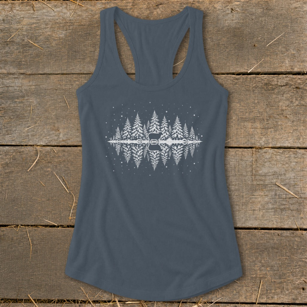 Gray tank top with white forest and guitar reflection graphic.