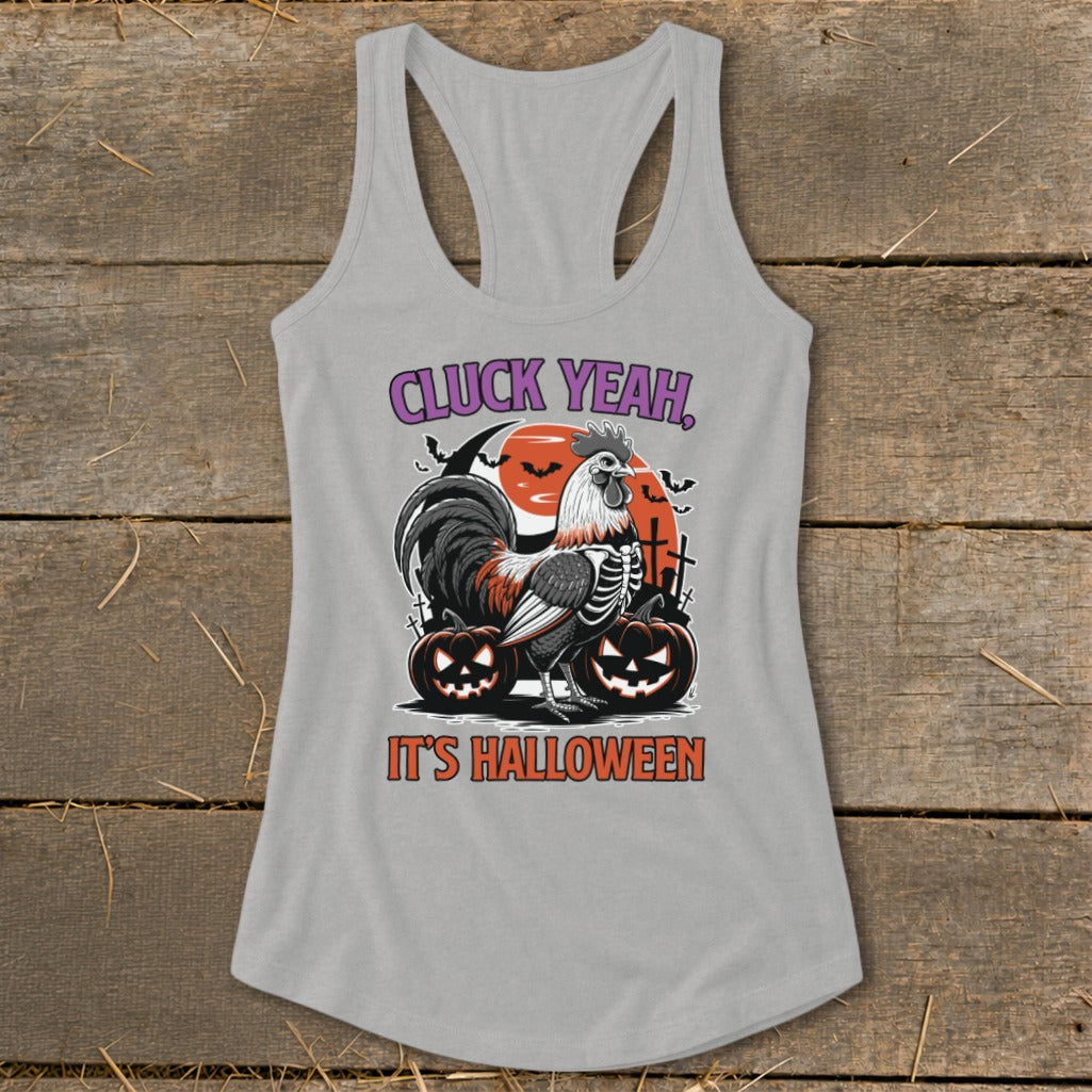 Grey tank top with a Halloween graphic of a skeleton rooster and pumpkins.