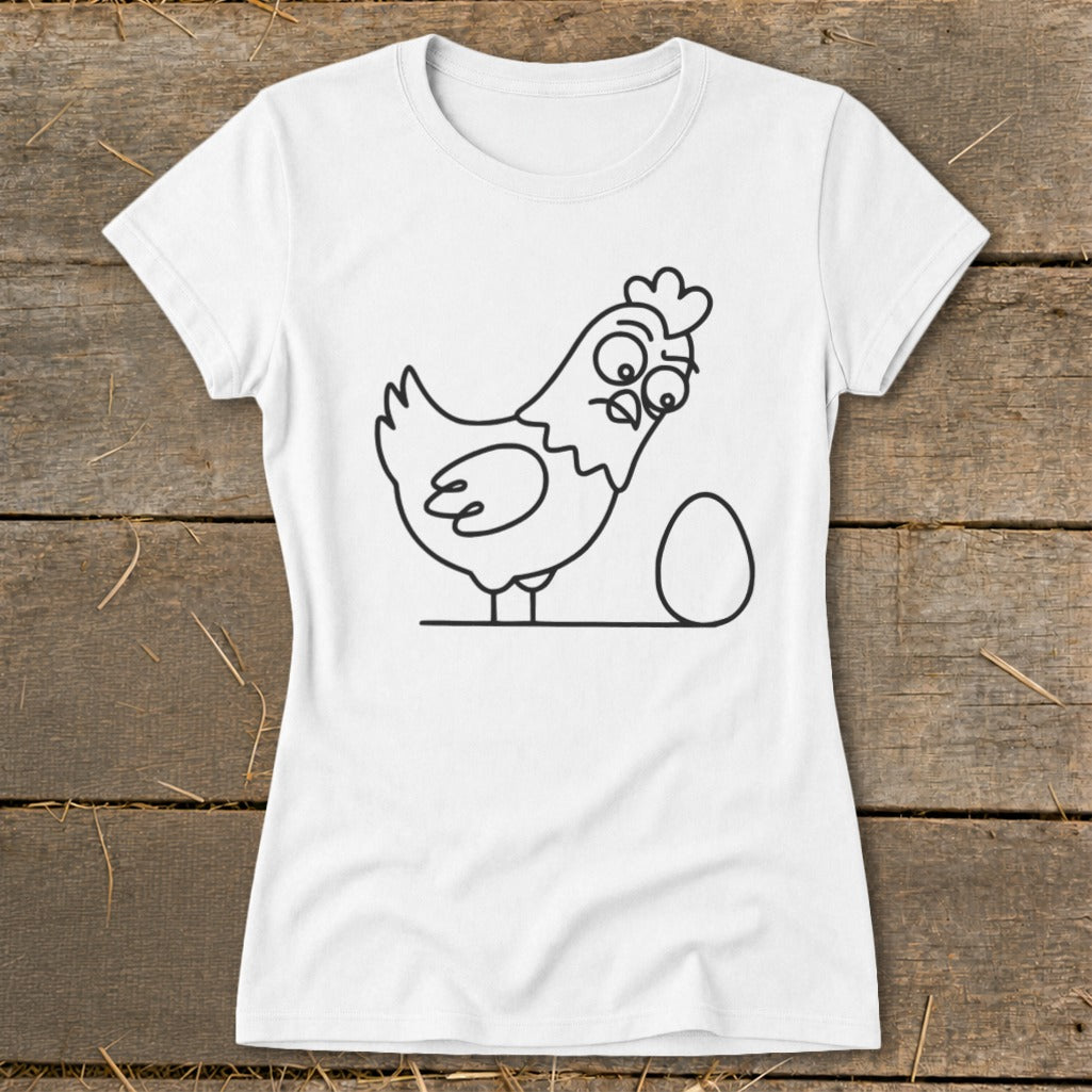 White t-shirt with a line drawing of a surprised chicken and an egg.