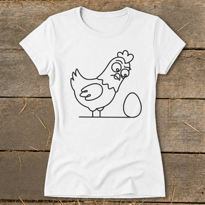 White t-shirt with a line drawing of a surprised chicken and an egg.