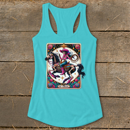 Turquoise tank top with a skeleton cowgirl riding a horse tarot card design.