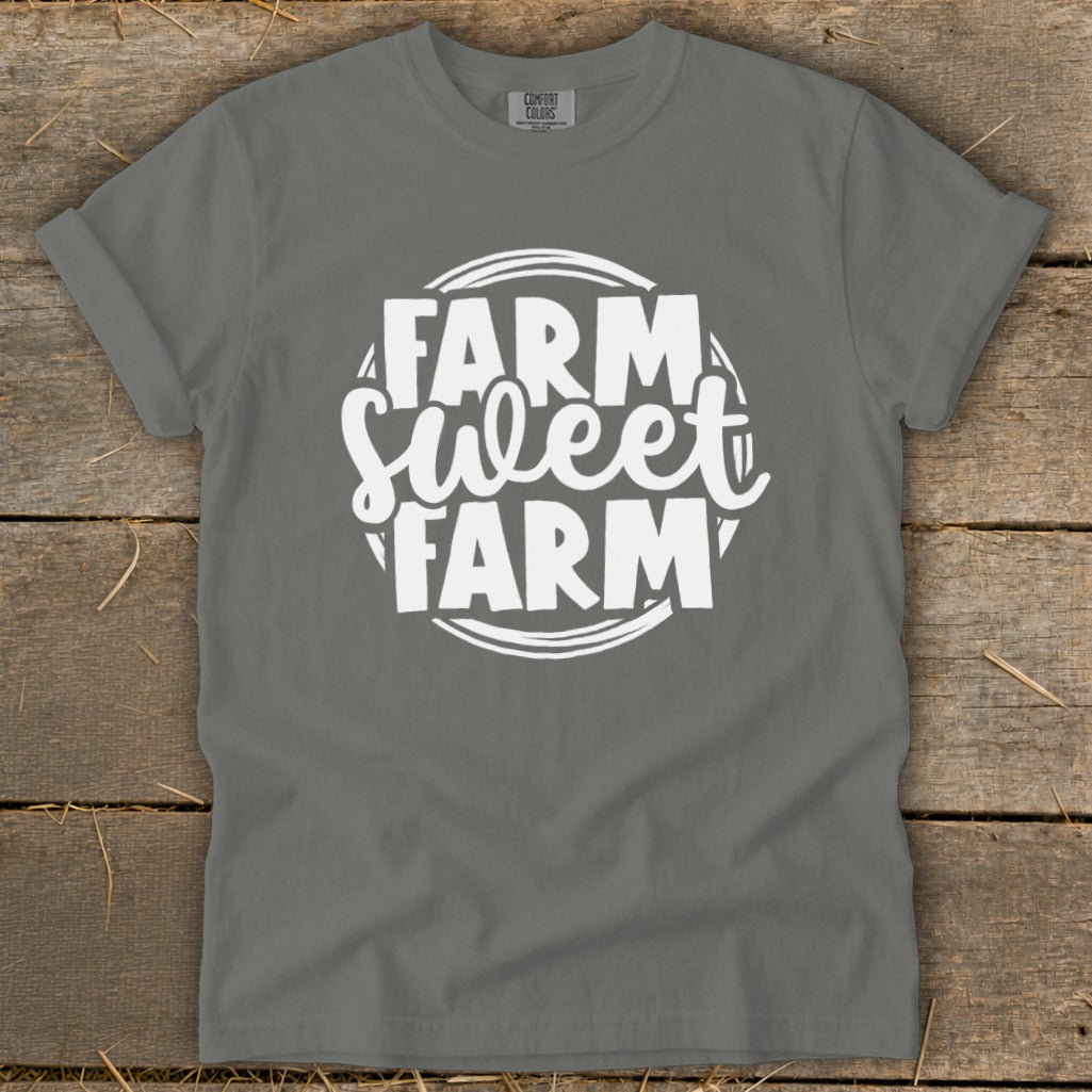 Grey t-shirt with "Farm Sweet Farm" text in white, circular design.