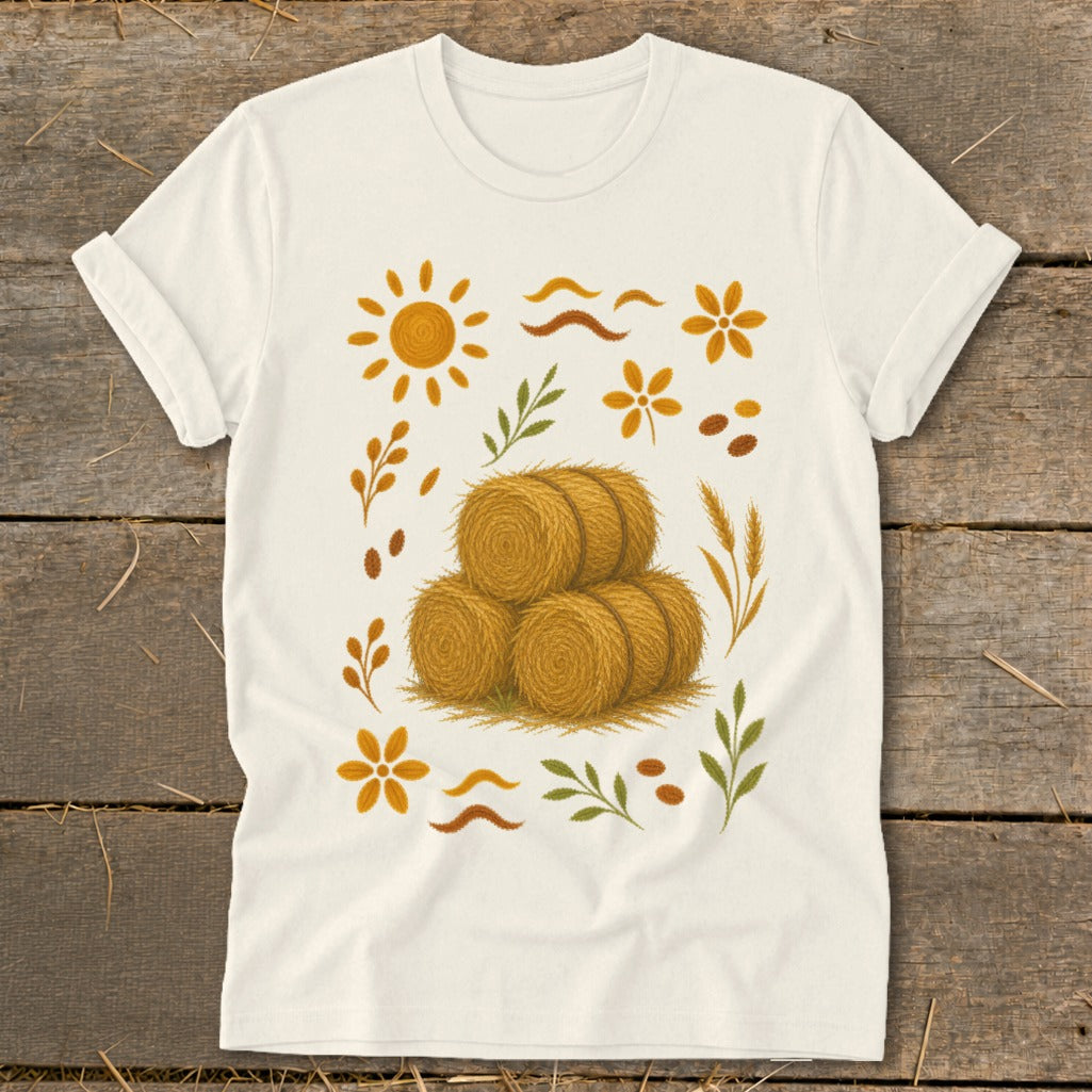Cream t-shirt with a graphic print of hay bales and fall foliage elements.