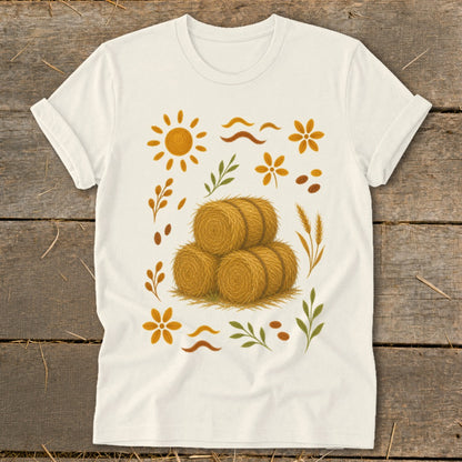 Cream t-shirt with a graphic print of hay bales and fall foliage elements.