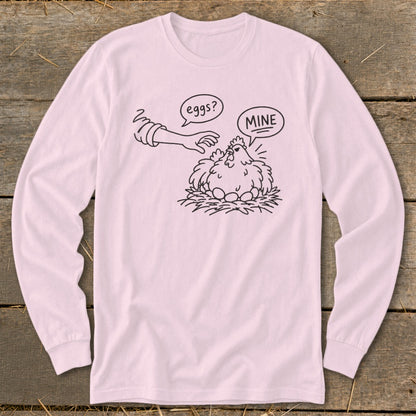 Cartoon hen on nest with eggs, hand asks "eggs?", hen replies "MINE".