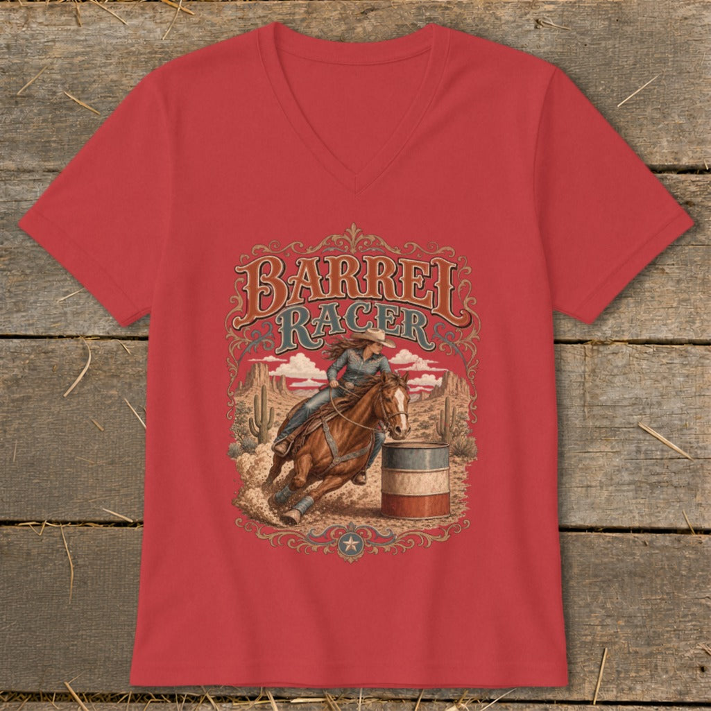 Barrel racer on horse rounding barrel with desert background and text.