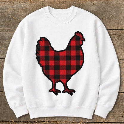 White sweatshirt with a red and black buffalo plaid chicken graphic.