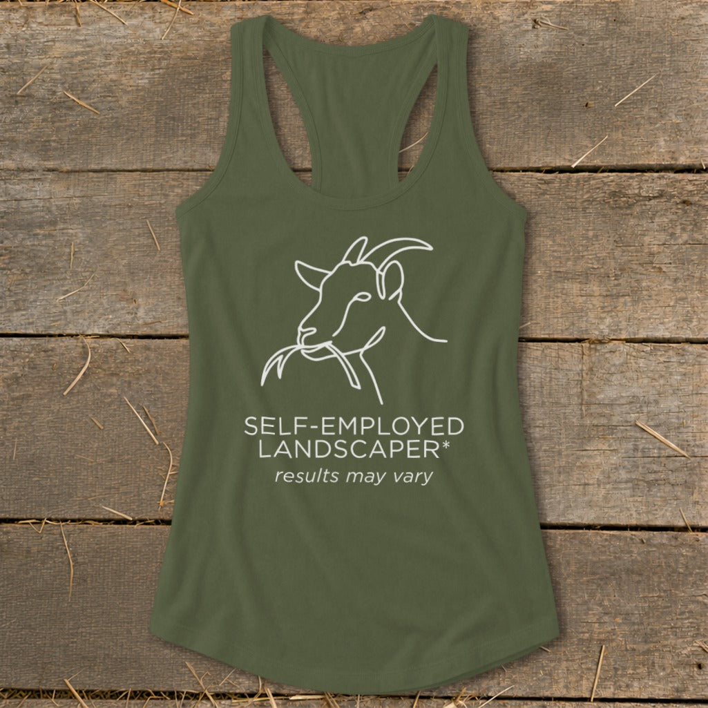 Green tank top with a minimalist goat line drawing and text.