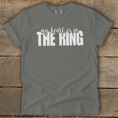 Gray t-shirt with white text "my heart is in THE RING".