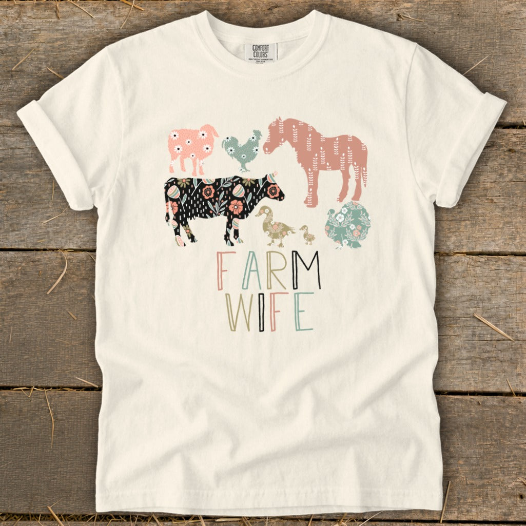 Cream t-shirt with floral farm animals and "FARM WIFE" text.