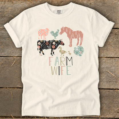 Cream t-shirt with floral farm animals and "FARM WIFE" text.