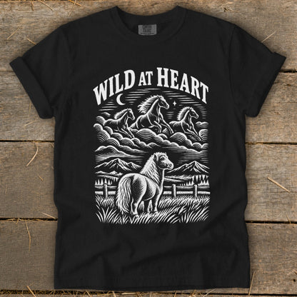 Black t-shirt with white "Wild At Heart" text and horse illustrations.
