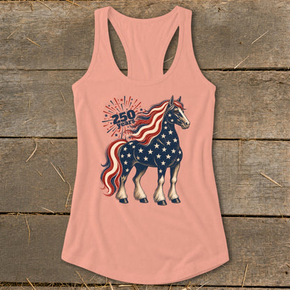 Pink tank top with a patriotic horse graphic and "250 Years" text.