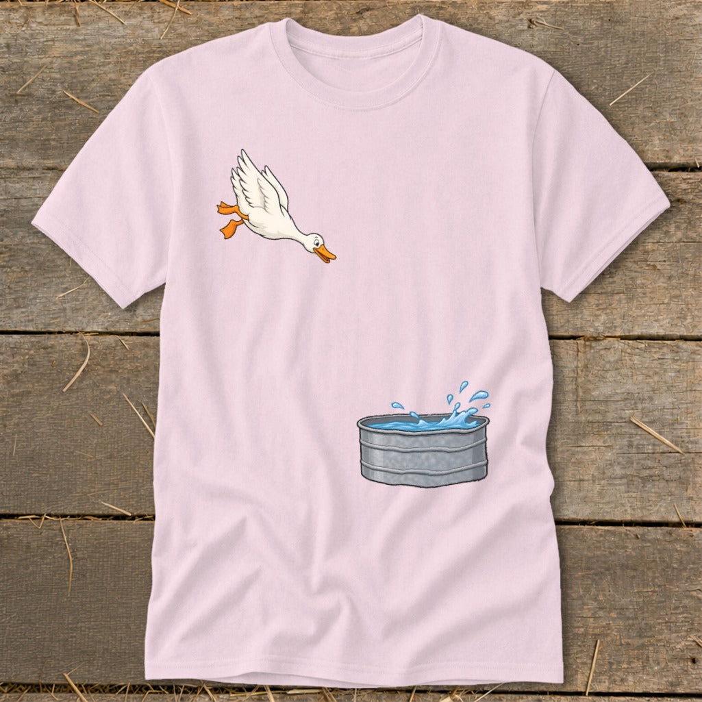 Light pink t-shirt with a cartoon goose jumping into a galvanized tub of water.