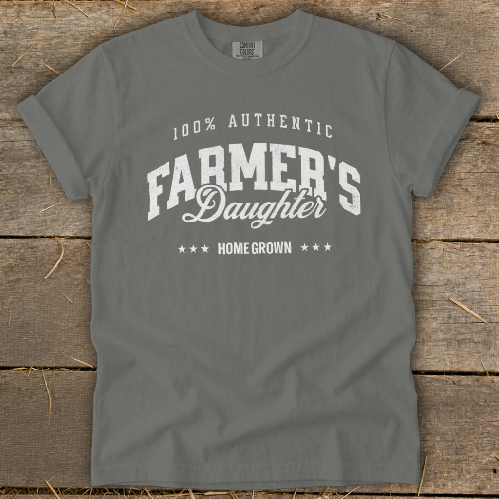 Grey t-shirt with "100% Authentic Farmer's Daughter Home Grown" text.