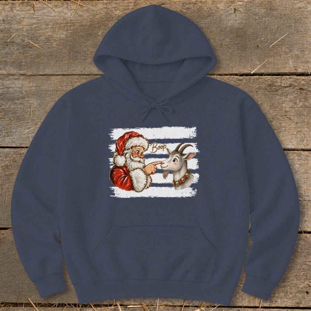 Santa booping a goat on the nose with "Boop" text above.