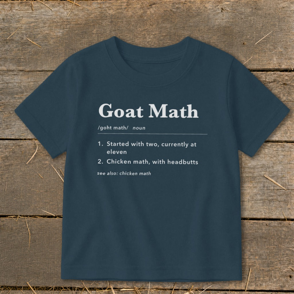 Dark blue t-shirt with "Goat Math" definition in white text.