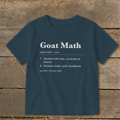 Dark blue t-shirt with "Goat Math" definition in white text.