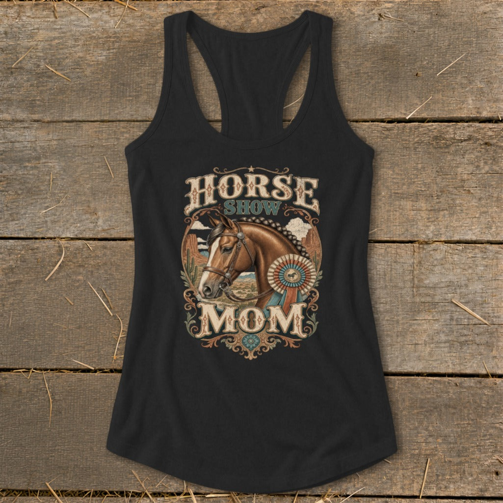 Black tank top with "Horse Show Mom" text and a horse illustration.