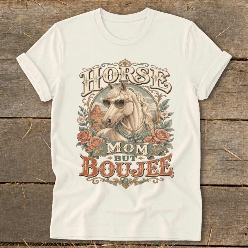 White t-shirt with graphic of a horse wearing sunglasses and the text "Horse Mom But Boujee".