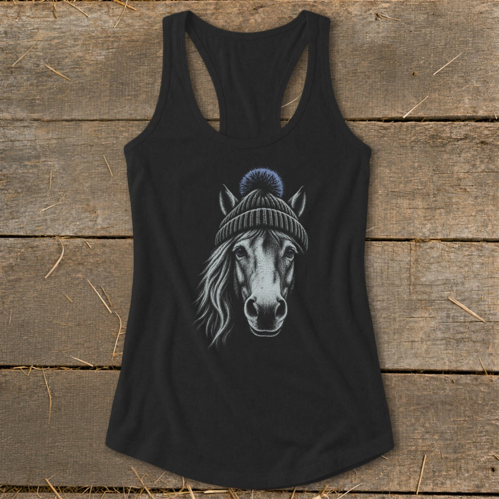 Black tank top featuring a graphite drawing of a horse wearing a blue pom-pom beanie.