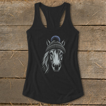 Black tank top featuring a graphite drawing of a horse wearing a blue pom-pom beanie.