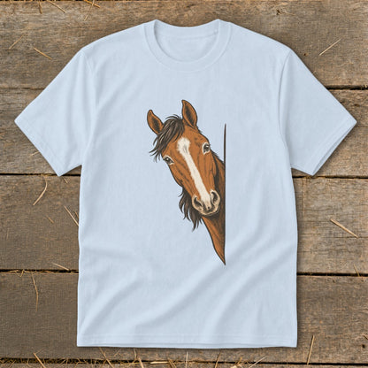 Light blue t-shirt with a brown horse peeking from the right side.