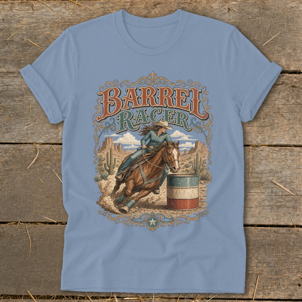 Barrel racer on horse in desert scene with text.