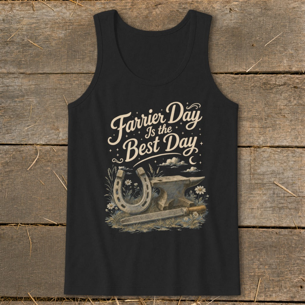 Black tank top with "Farrier Day Is The Best Day" text and horseshoe, anvil, and rasp.