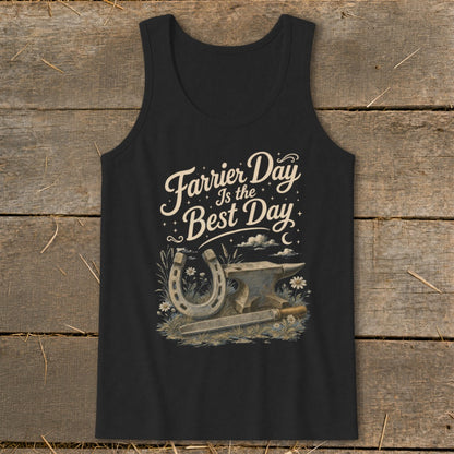 Black tank top with "Farrier Day Is The Best Day" text and horseshoe, anvil, and rasp.