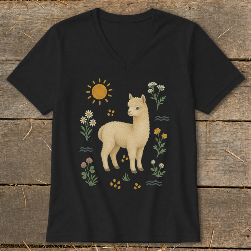 Black t-shirt with a cream alpaca surrounded by flowers and sun graphic.