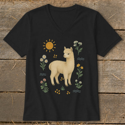 Black t-shirt with a cream alpaca surrounded by flowers and sun graphic.