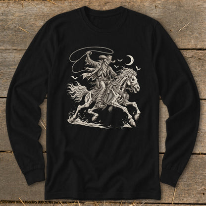 Skeleton cowboy on horseback, with lasso, moon, and birds.
