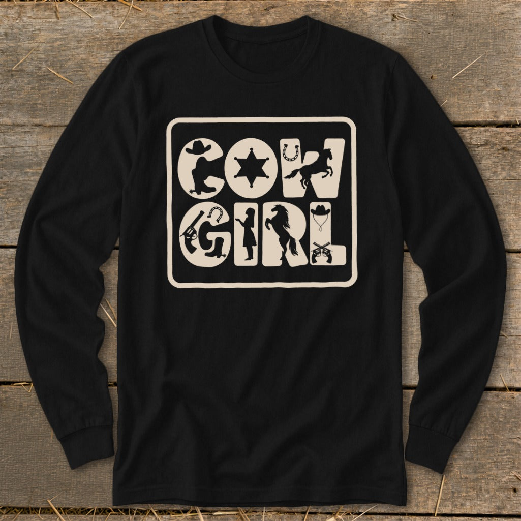 Black long sleeve shirt with "COW GIRL" text and Western-themed icons.