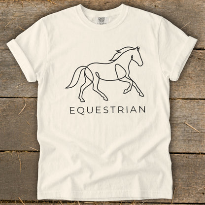 Cream t-shirt with a black line art horse and the word EQUESTRIAN.