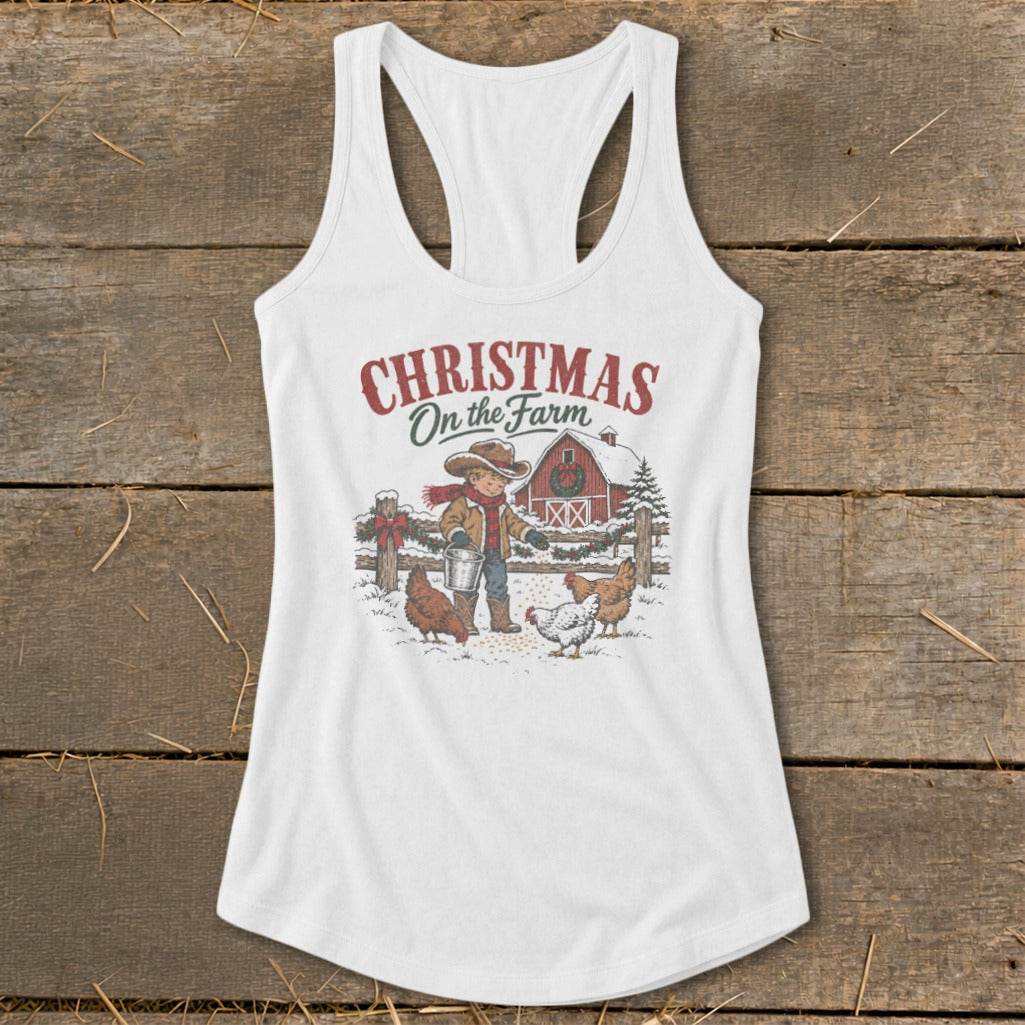 Christmas on the Farm graphic with boy feeding chickens outside a red barn.