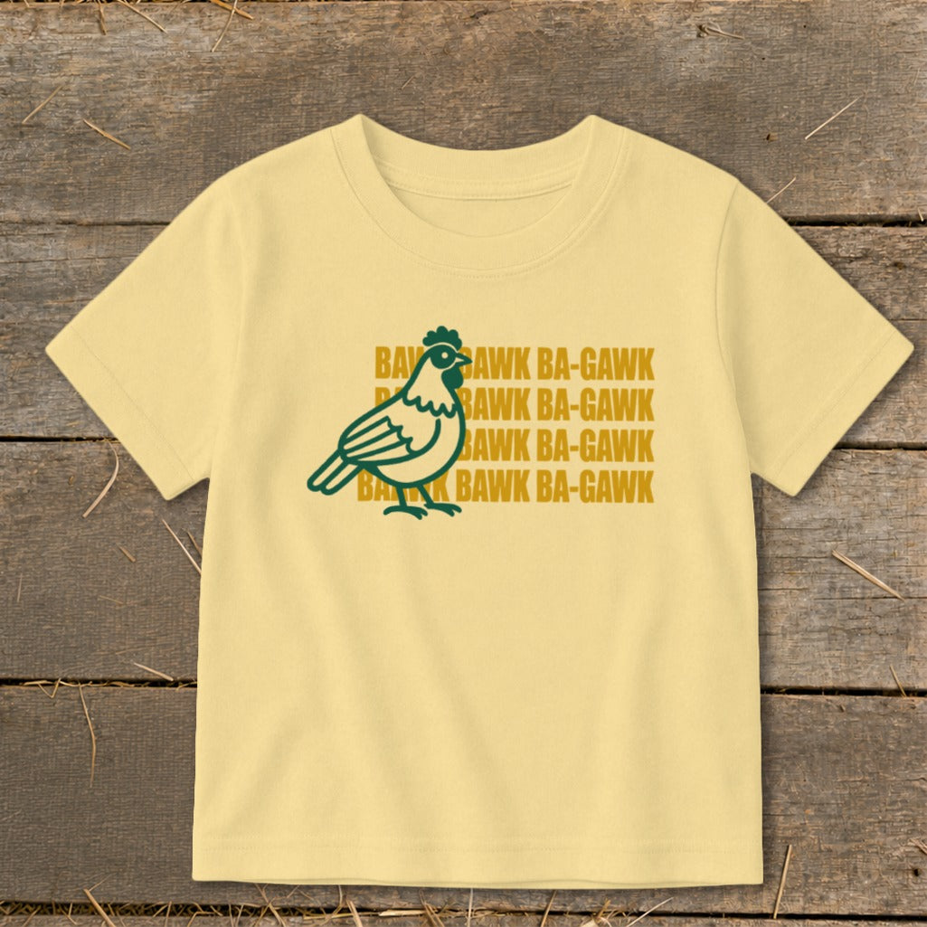Yellow t-shirt with a green rooster graphic and "Bawk Ba-Gawk" text.