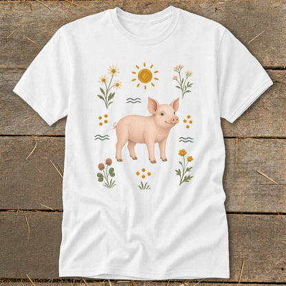White t-shirt with a pink pig illustration surrounded by flowers and the sun.