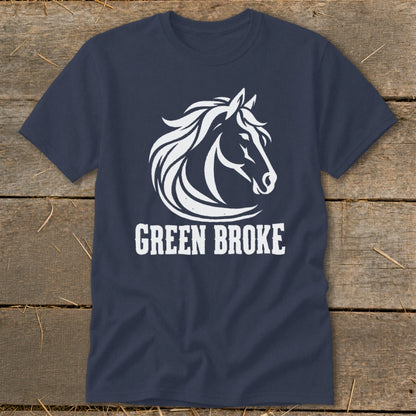 A navy blue t-shirt featuring a white horse head graphic and the text GREEN BROKE.
