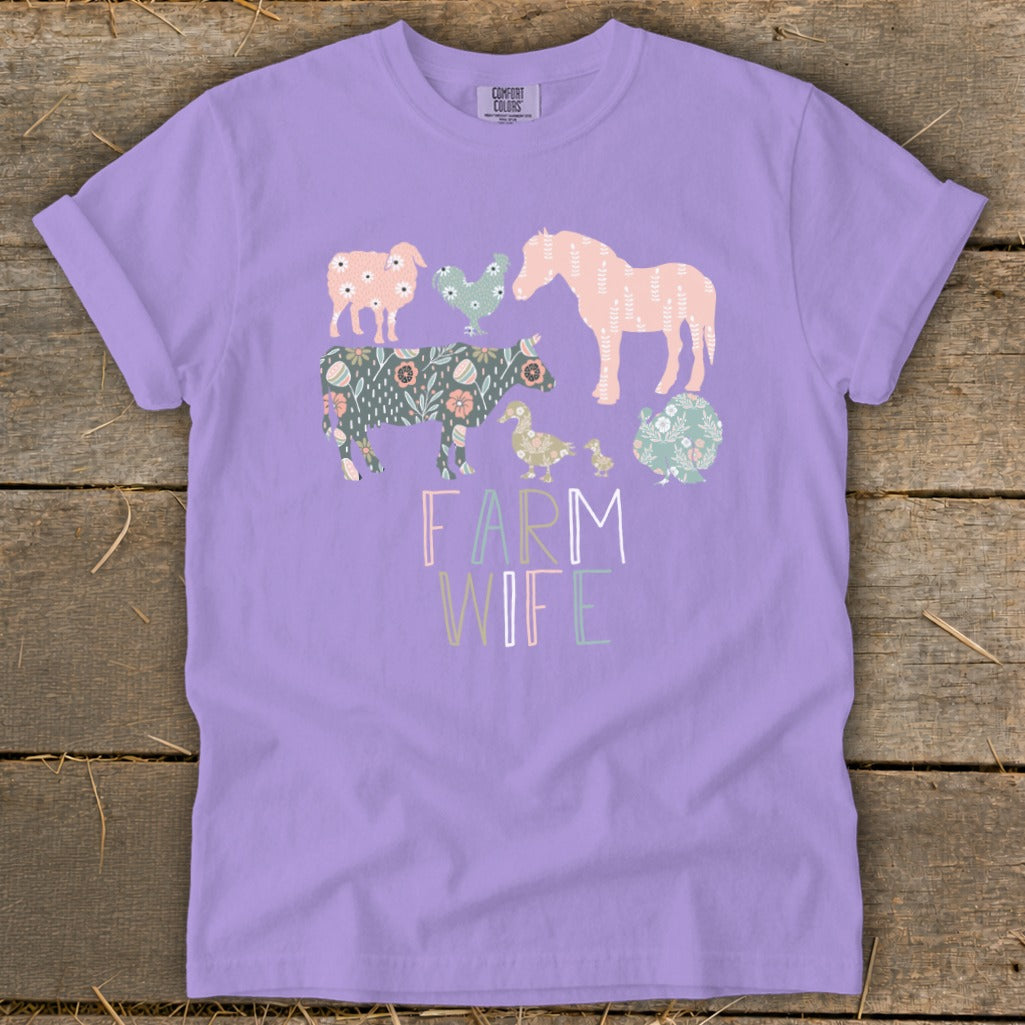 Lavender t-shirt with floral farm animals and "FARM WIFE" text.
