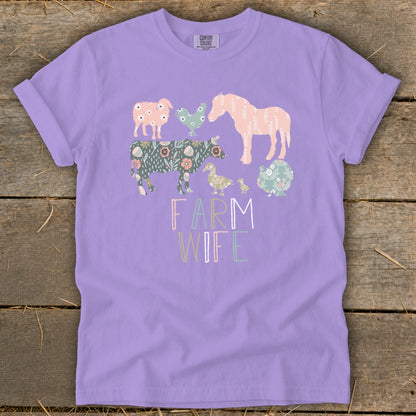 Lavender t-shirt with floral farm animals and "FARM WIFE" text.