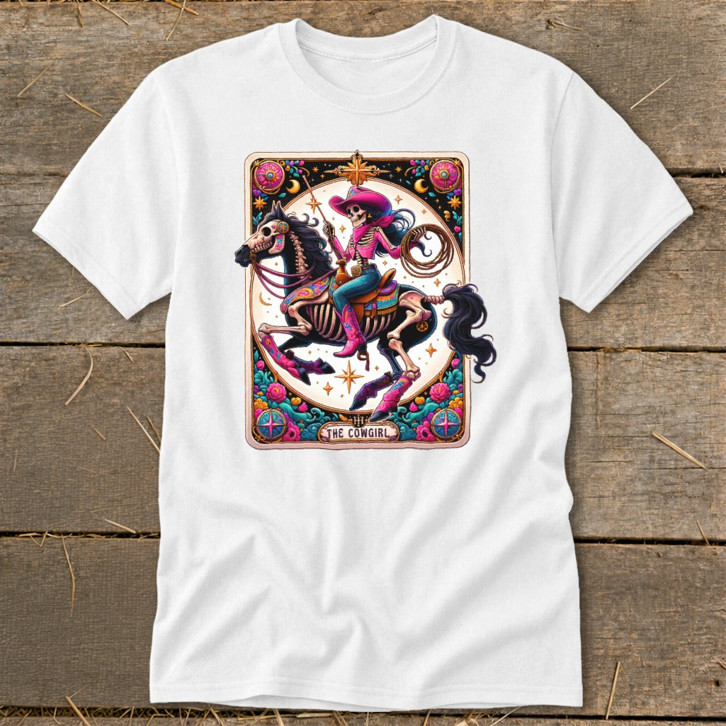 Skeleton cowgirl on a horse in a tarot card design with text "The Cowgirl".