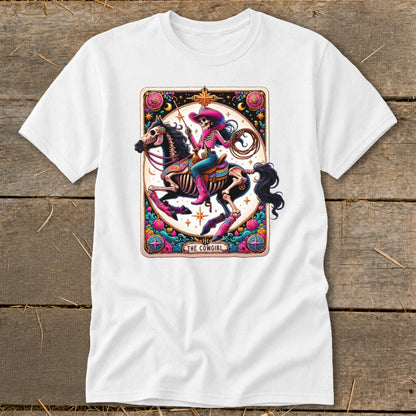 Skeleton cowgirl on a horse in a tarot card design with text "The Cowgirl".