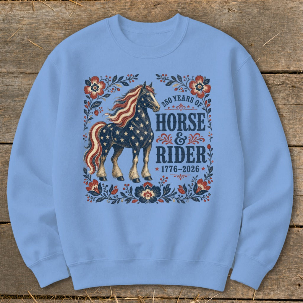 Light blue sweatshirt with patriotic horse graphic and text.