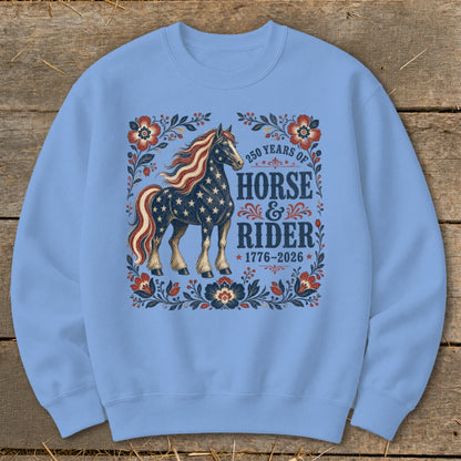 Light blue sweatshirt with patriotic horse graphic and text.