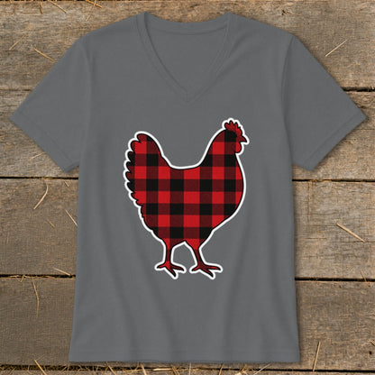 Gray v-neck t-shirt with a buffalo plaid chicken graphic.