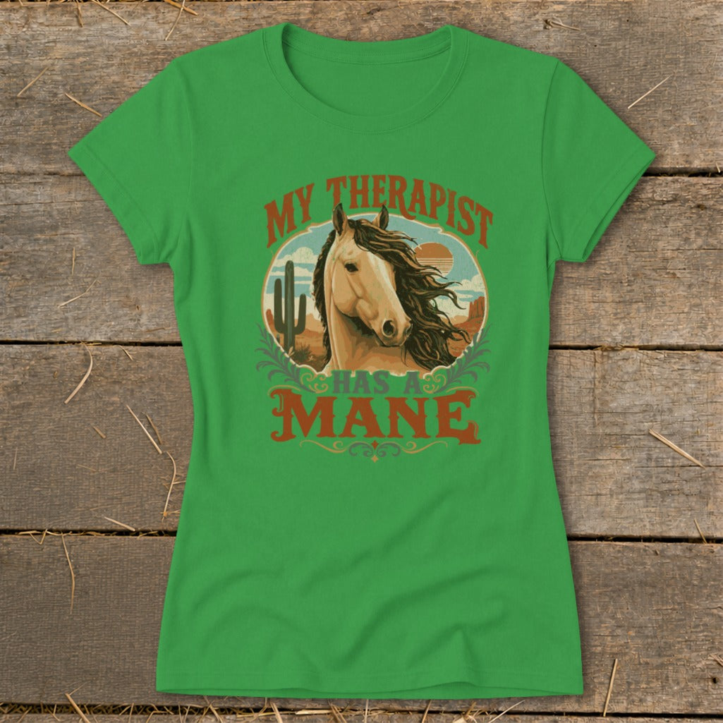 Bright green short-sleeve t-shirt with a vintage-style graphic of a horse and desert scene, featuring the text MY THERAPIST HAS A MANE.