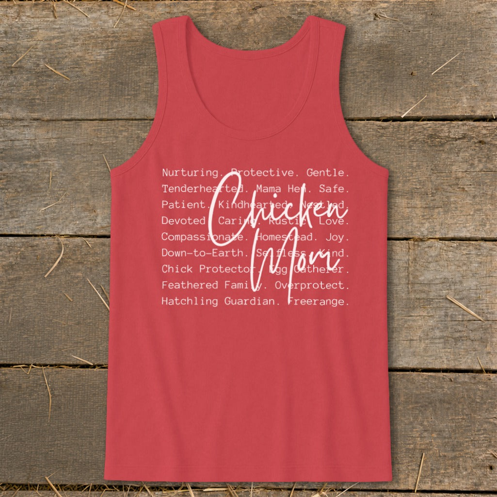 Red tank top with "Chicken Mom" text and descriptive words.