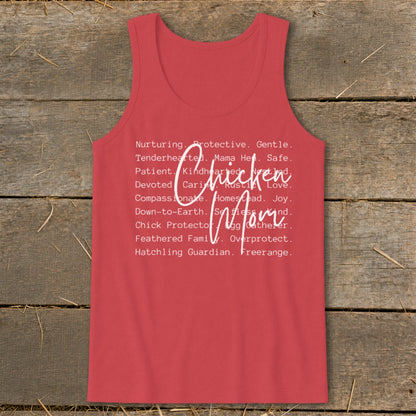 Red tank top with "Chicken Mom" text and descriptive words.