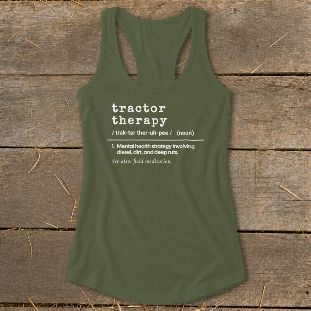 Green tank top with "Tractor Therapy" definition printed in white text.